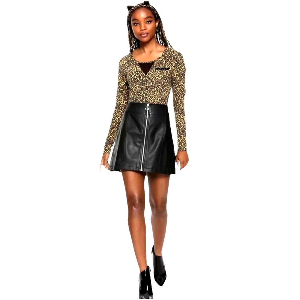 Y2K Hot Topic Faux Leather Mini Skirt Zip Up Cat Punk Goth Emo Cheetah M